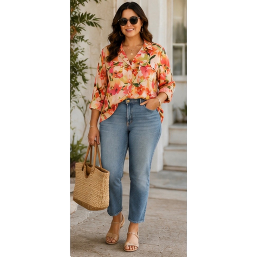 Tommy Bahama Watercolor Floral Button Front Blouse Women's L Pink Peach